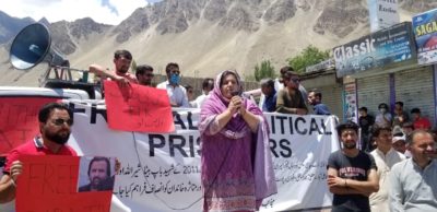 Baba Jan’s sister Nazneen addressing the protesters at Aliabad Hunza