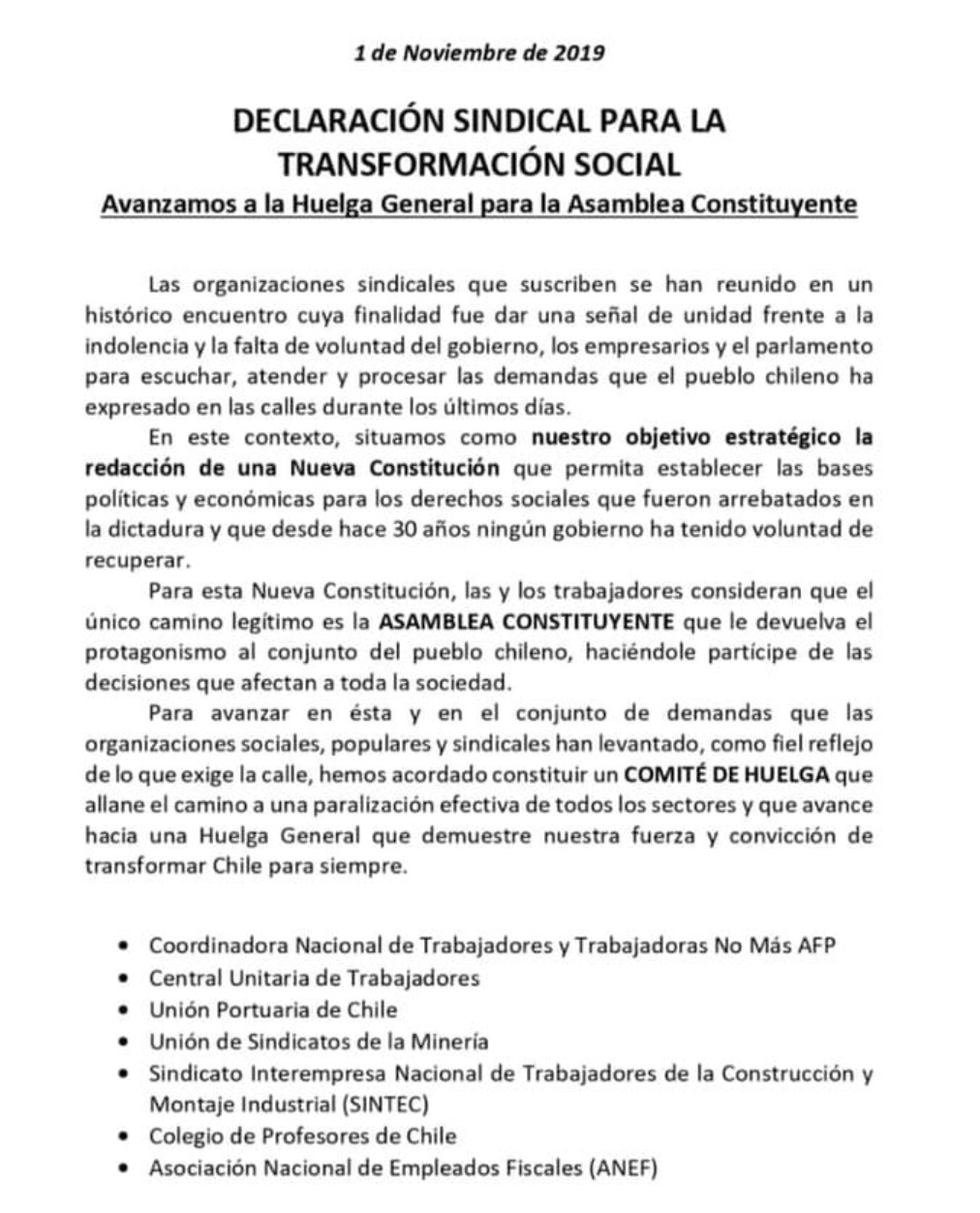 Chile: Trade union declaration for social transformation