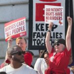 Nurses with the National Nurses United joined the “Free the Bay” rally at San Francisco City Hall on Oct. 23. (Credit: Jose Fermoso/The Oaklandside)